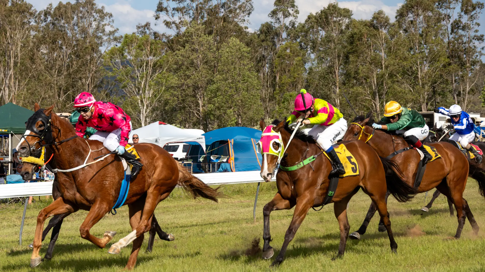 Horses and jockeys racing past the marquees at the Tabulam races, a country race day in Northern NSW